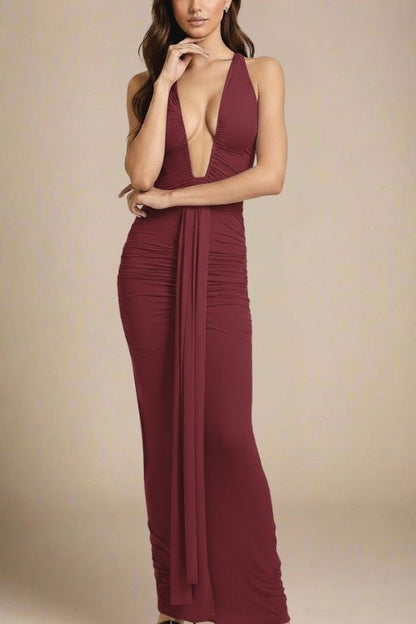 Red Wine Ruched Deep V-Neck Drape Panel Bodycon Maxi Dress