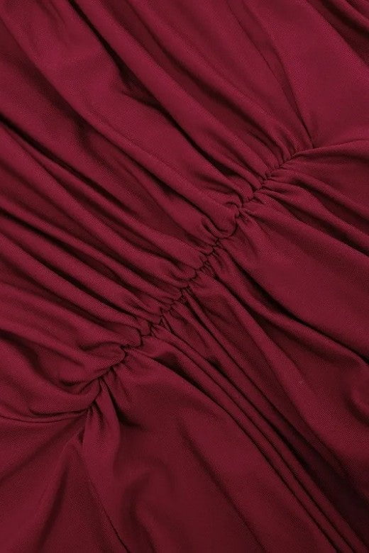 Red Wine Ruched Deep V-Neck Drape Panel Bodycon Maxi Dress