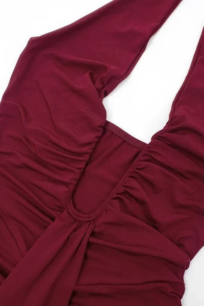 Red Wine Ruched Deep V-Neck Drape Panel Bodycon Maxi Dress