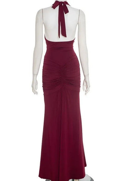 Red Wine Ruched Deep V-Neck Drape Panel Bodycon Maxi Dress