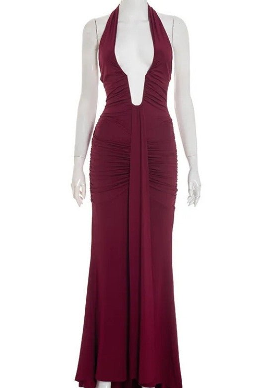 Red Wine Ruched Deep V-Neck Drape Panel Bodycon Maxi Dress