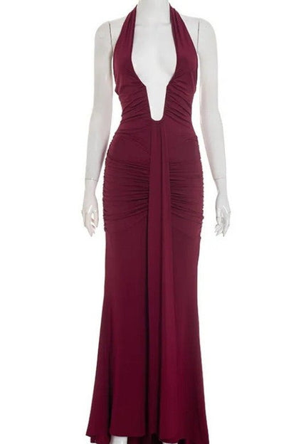 Red Wine Ruched Deep V-Neck Drape Panel Bodycon Maxi Dress