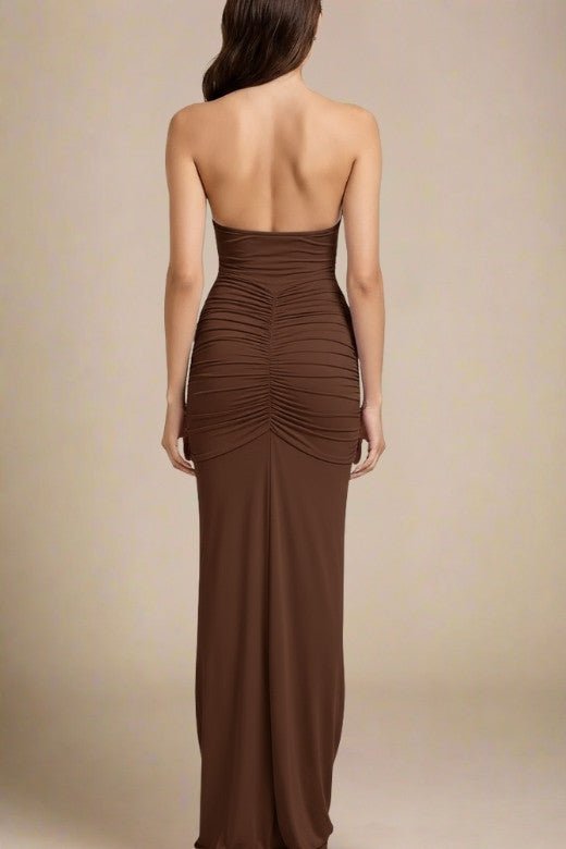 Tan Brown Deep V-Neck Halter Ruched Sash Drape Bodycon Wrap Maxi Dress
