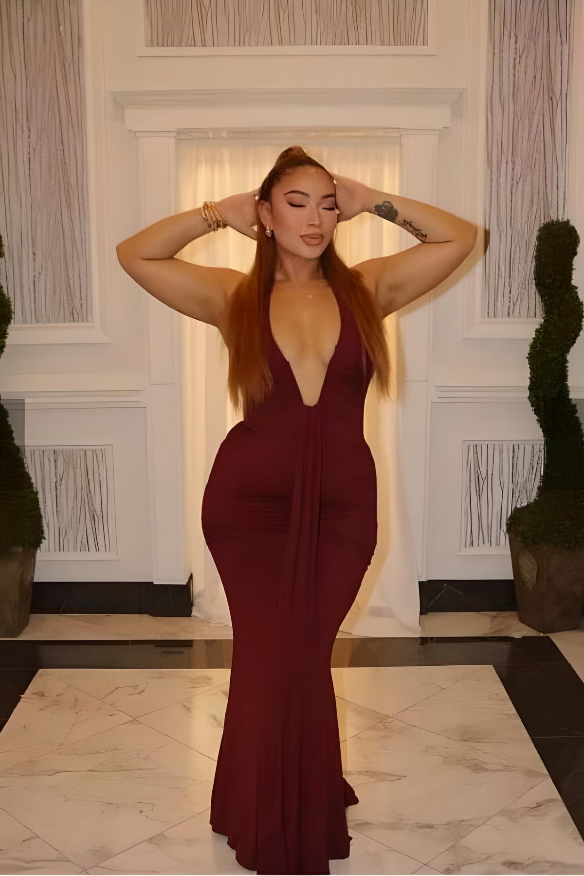 Violet Purple Ruched Deep V-Neck Drape Panel Bodycon Maxi Dress