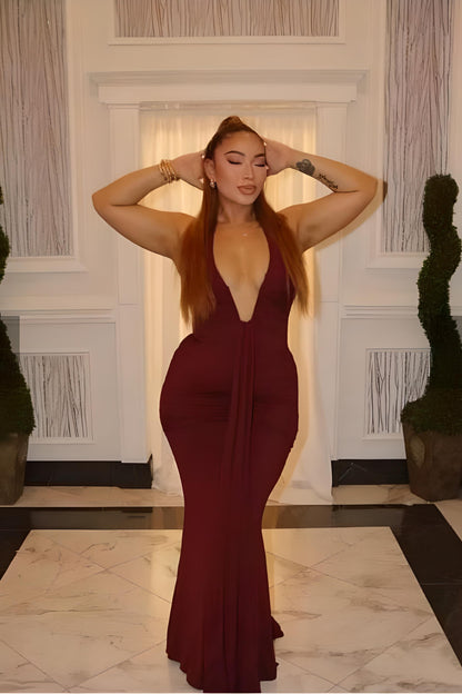 Violet Purple Ruched Deep V-Neck Drape Panel Bodycon Maxi Dress