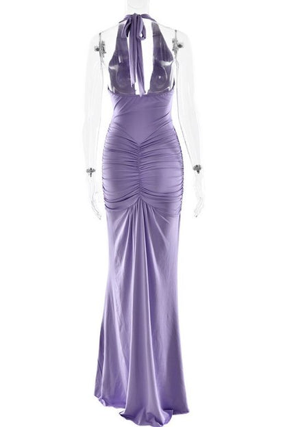 Violet Purple Ruched Deep V-Neck Drape Panel Bodycon Maxi Dress