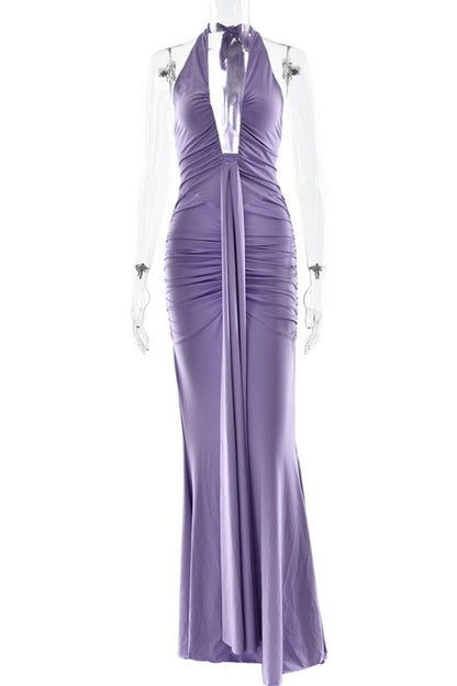 Violet Purple Ruched Deep V-Neck Drape Panel Bodycon Maxi Dress