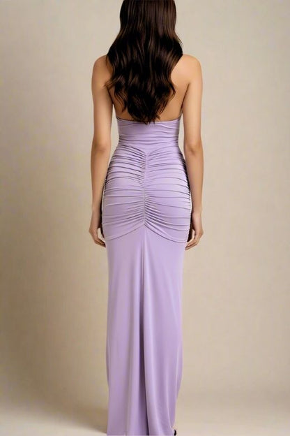 Violet Purple Ruched Deep V-Neck Drape Panel Bodycon Maxi Dress