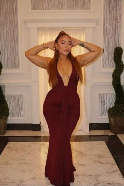 Tan Brown Deep V-Neck Halter Ruched Sash Drape Bodycon Wrap Maxi Dress