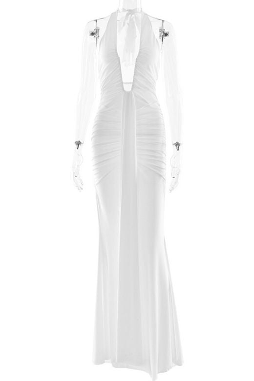 White Pearl Deep V-Neck Halter Ruched Sash Drape Bodycon Wrap Maxi Dress