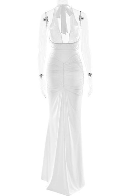 White Pearl Deep V-Neck Halter Ruched Sash Drape Bodycon Wrap Maxi Dress