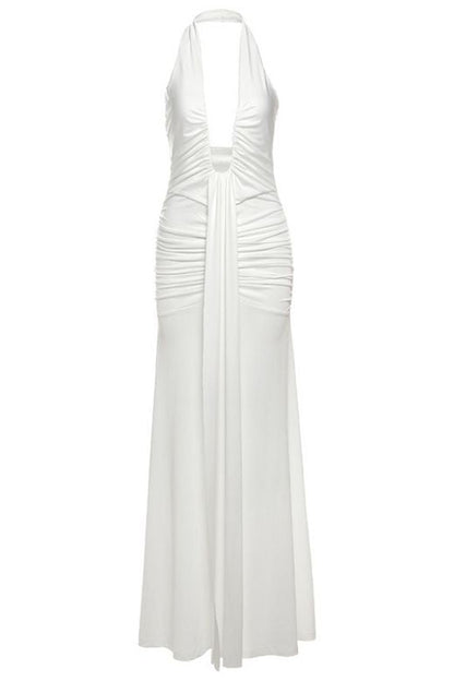 White Pearl Deep V-Neck Halter Ruched Sash Drape Bodycon Wrap Maxi Dress