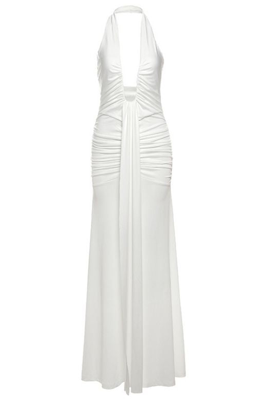 White Pearl Ruched Deep V-Neck Drape Panel Bodycon Maxi Dress