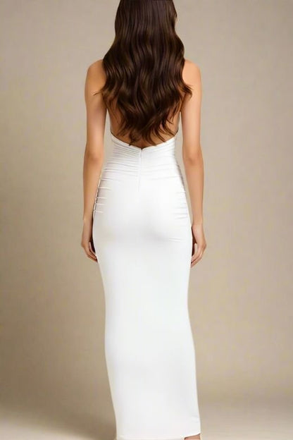 White Pearl Ruched Deep V-Neck Drape Panel Bodycon Maxi Dress