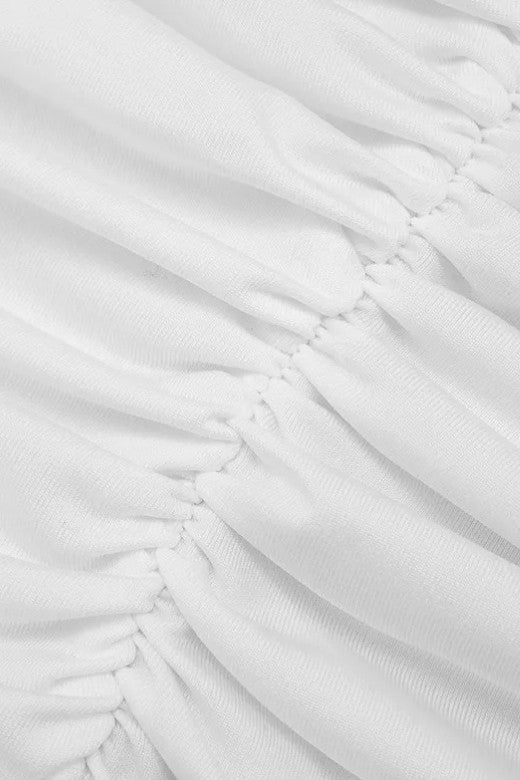 White Pearl Ruched Deep V-Neck Drape Panel Bodycon Maxi Dress