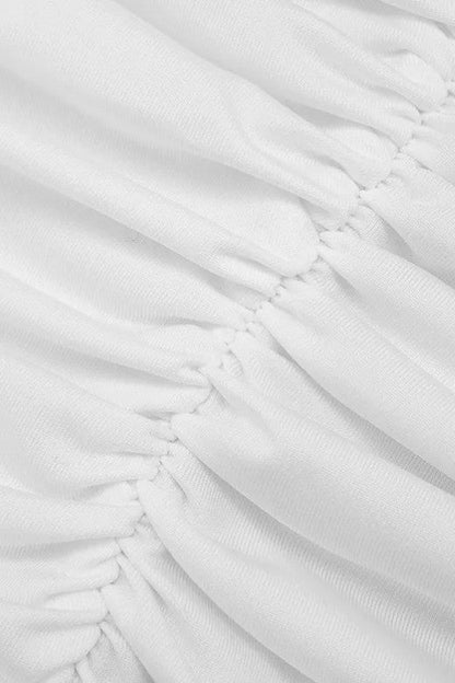 White Pearl Ruched Deep V-Neck Drape Panel Bodycon Maxi Dress