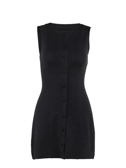 Crew Neck Button Front Princess Seam Bodycon Mini Dress