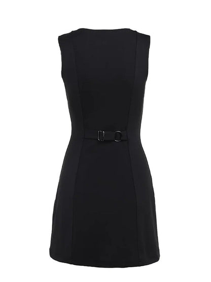 Crew Neck Button Front Princess Seam Bodycon Mini Dress