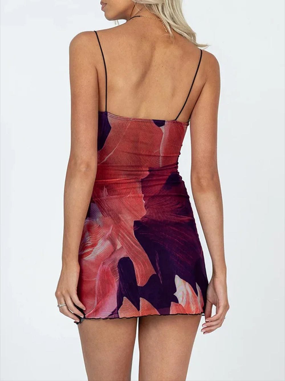 Printed Spaghetti Strap Scoop Neck Ruched Bodycon Mini Dress