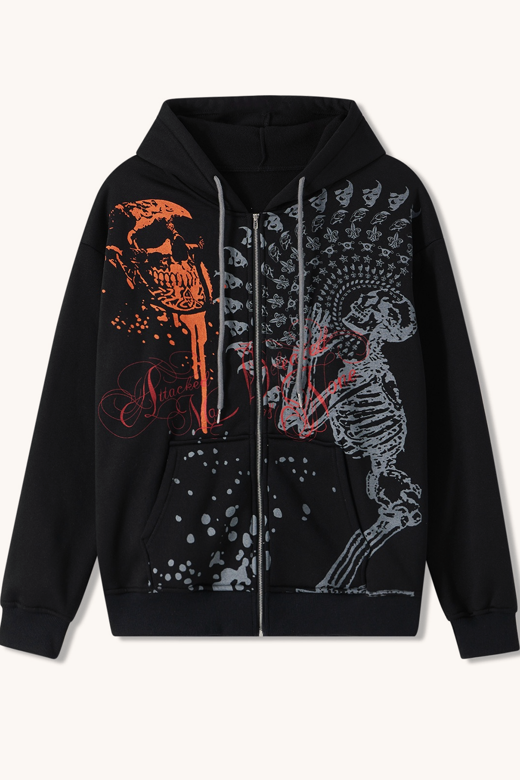 Fleece Lined Zip Loose Thickened Gothic Hoodie