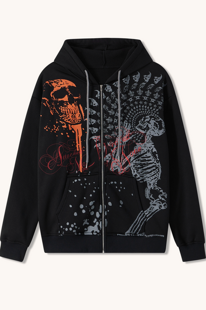 Fleece Lined Zip Loose Thickened Gothic Hoodie