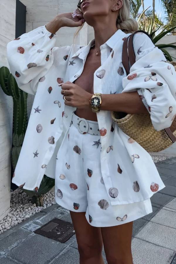 Seashell & Starfish Print Puff Sleeve Shirt + High-Waisted Shorts Set