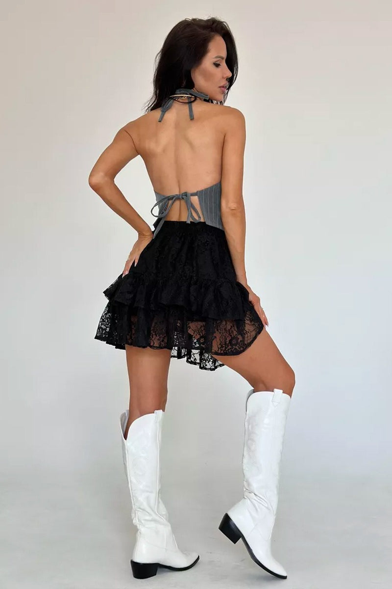 Sheer Lace Jacquard Tiered Mini Skirt