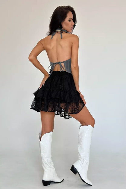 Sheer Lace Jacquard Tiered Mini Skirt