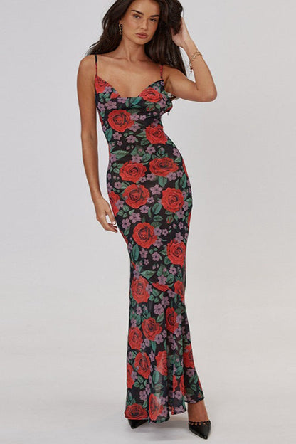 V Neck Printed Strap Slim Maxi Floral Dress