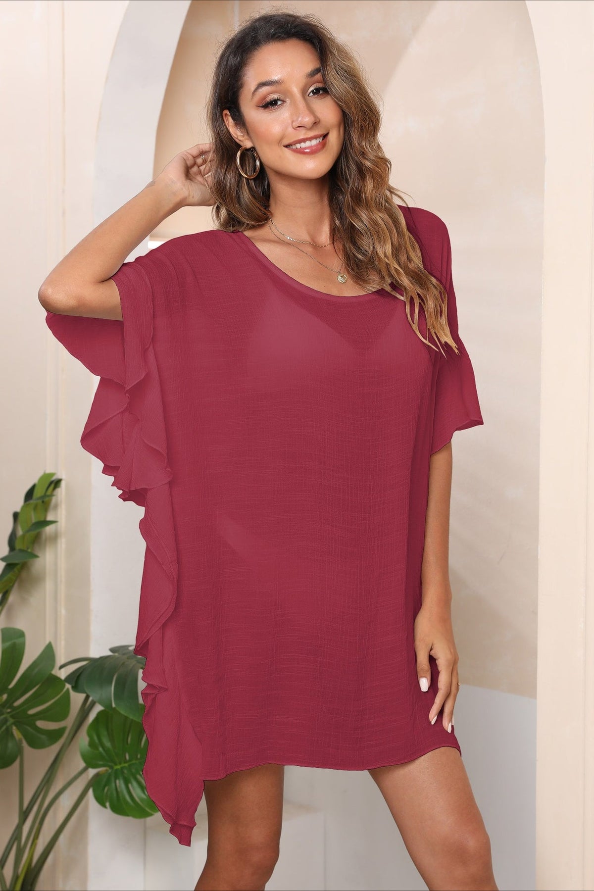 Solid Ruffle Loose Beach Style Cover Up