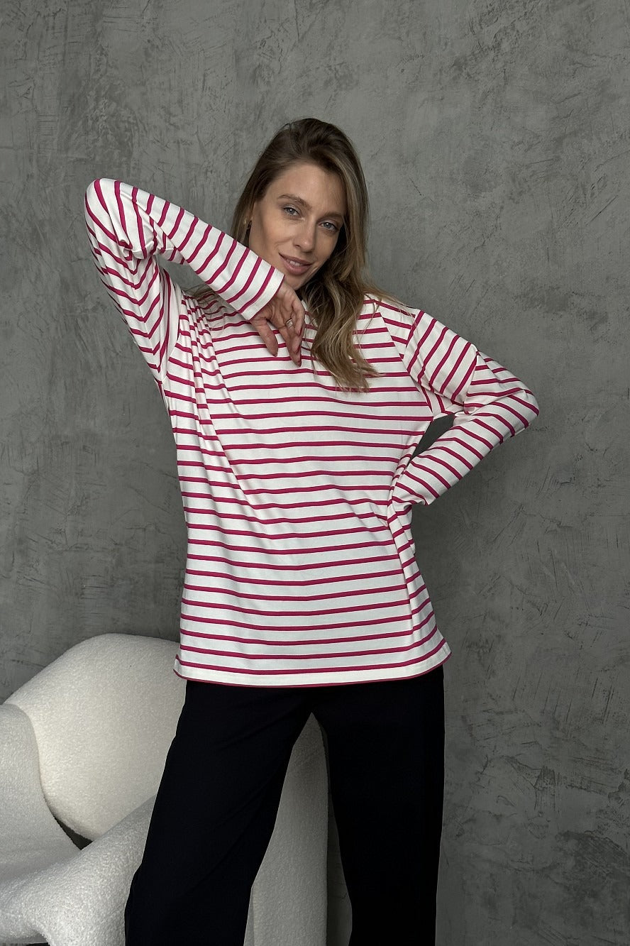 Cotton Striped Crew Neck Long Sleeve Tee