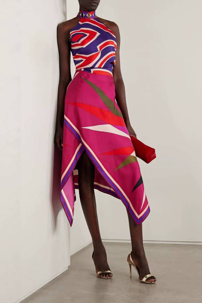 Retro Geometric Print Halter Open-Back Asymmetrical Two-piece Skirt Set