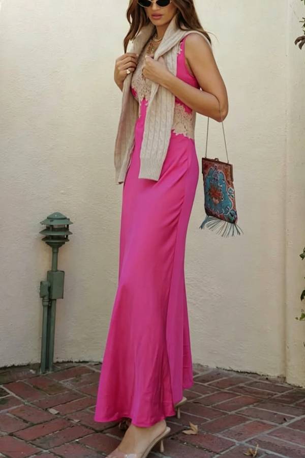 A Little Sultry Satin Floral Lace Trim V-neck Sleeveless Drape Maxi Dress