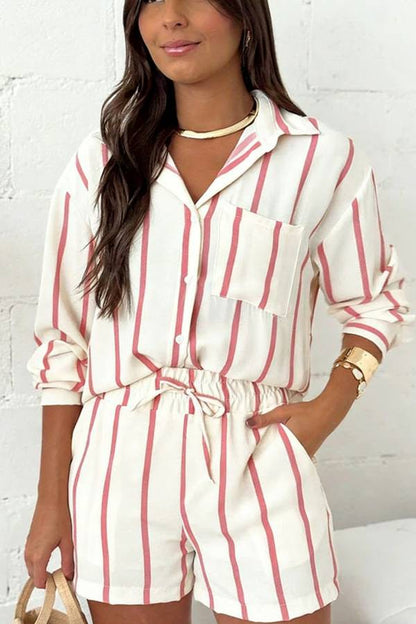 Leisure Time Striped Print Button Long Sleeve Shirt and Elastic Waist Pocket Loose Shorts Set