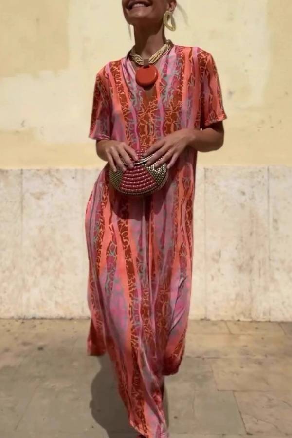 V-Neck Short Sleeve Printed Maxi Dress with Side Slit