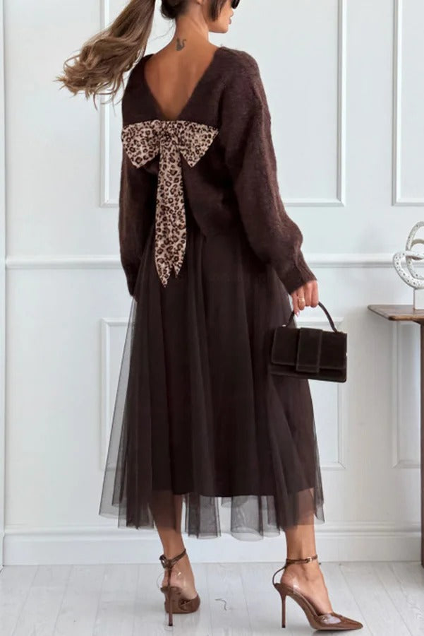 Gisella Knit Back Slit Leopard Print Bow Design Long Sleeve Relaxed Sweater
