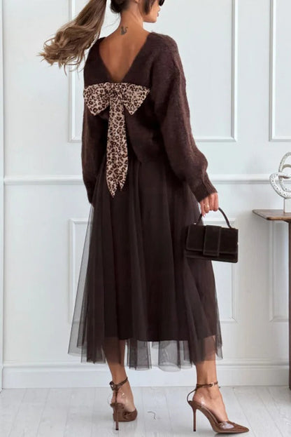 Gisella Knit Back Slit Leopard Print Bow Design Long Sleeve Relaxed Sweater