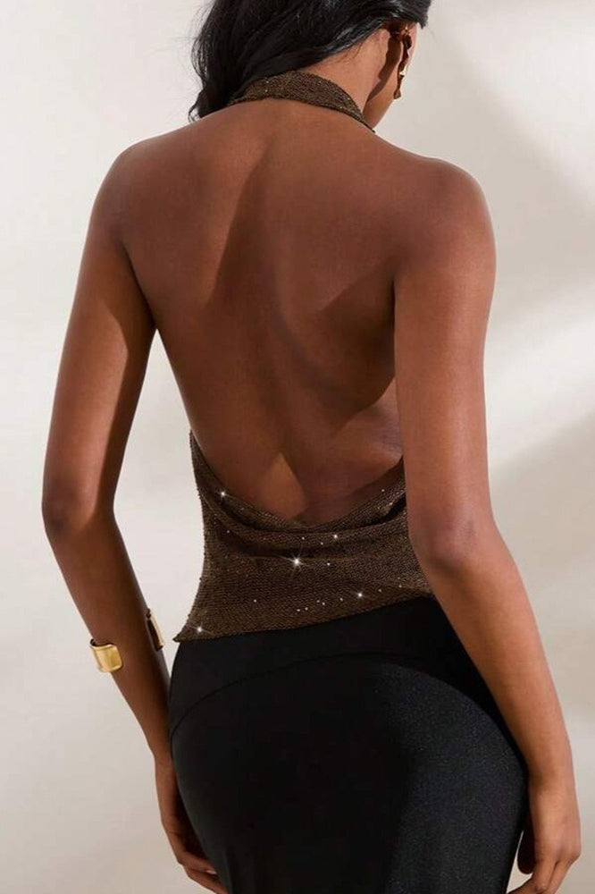 Sheer Sparkling Deep V Cowl Neck Halter Halter Top