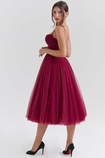 Ruched Sweetheart Pleated Bodice Tulle Layered Skirt Spaghetti Strap Midi Dress