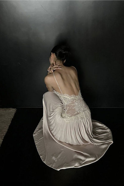 Spice Girl Lace Insert Backless Slip Prom Dress