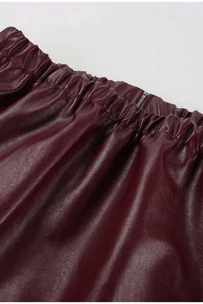 Burgundy Lapel Zip Leather Jacket