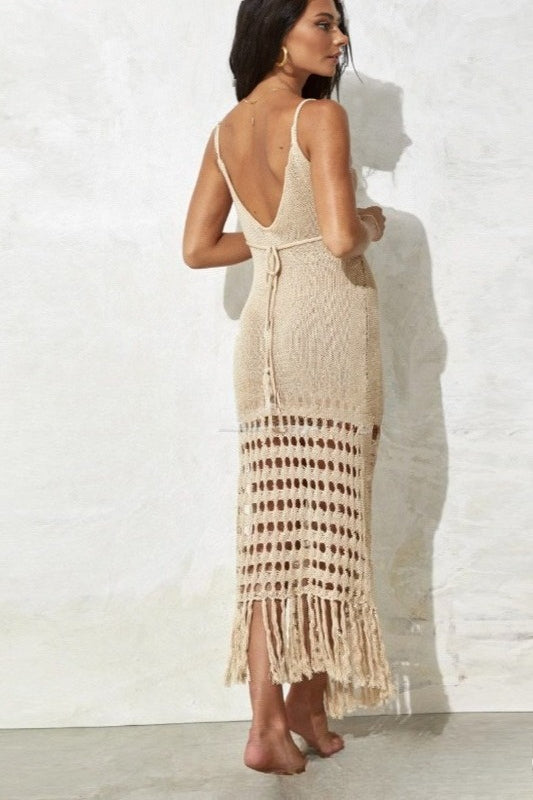 Beach Crochet Fringe Tank V Neck Boho Dress