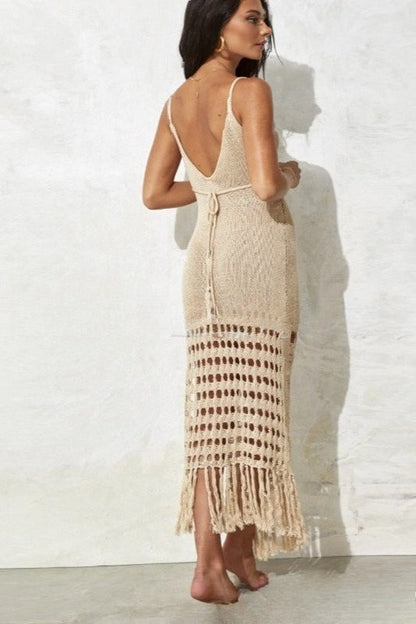 Beach Crochet Fringe Tank V Neck Boho Dress