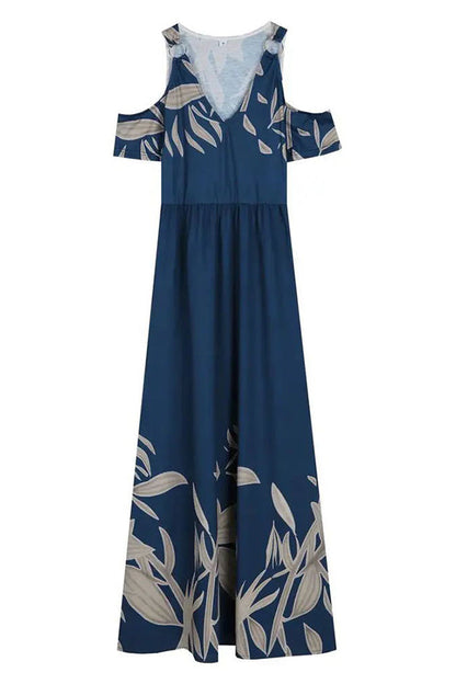 Botanical Print Cold Shoulder V-Neck Pocket Tiered Maxi Dress