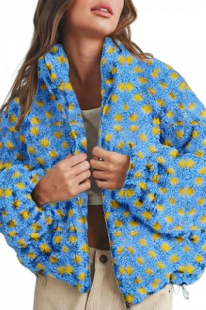 Checked Plush Drawstring Stand-Collar Jacket