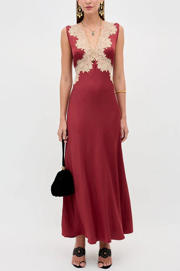 A Little Sultry Satin Floral Lace Trim V-neck Sleeveless Drape Maxi Dress