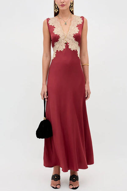 A Little Sultry Satin Floral Lace Trim V-neck Sleeveless Drape Maxi Dress