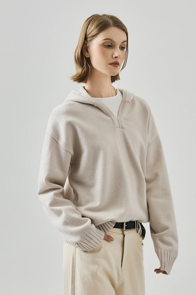 Slouchy V-Neck Hooded Sweater