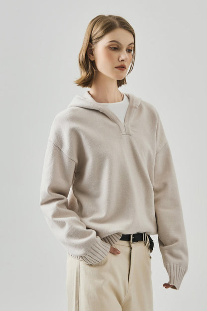 Slouchy V-Neck Hooded Sweater