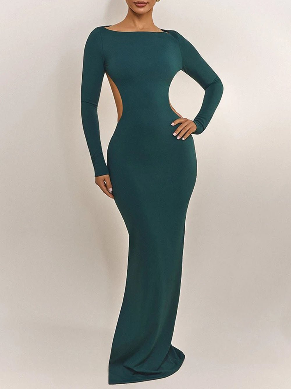 Green Cut Out Boat Neck Long Sleeve Bodycon Maxi Dress